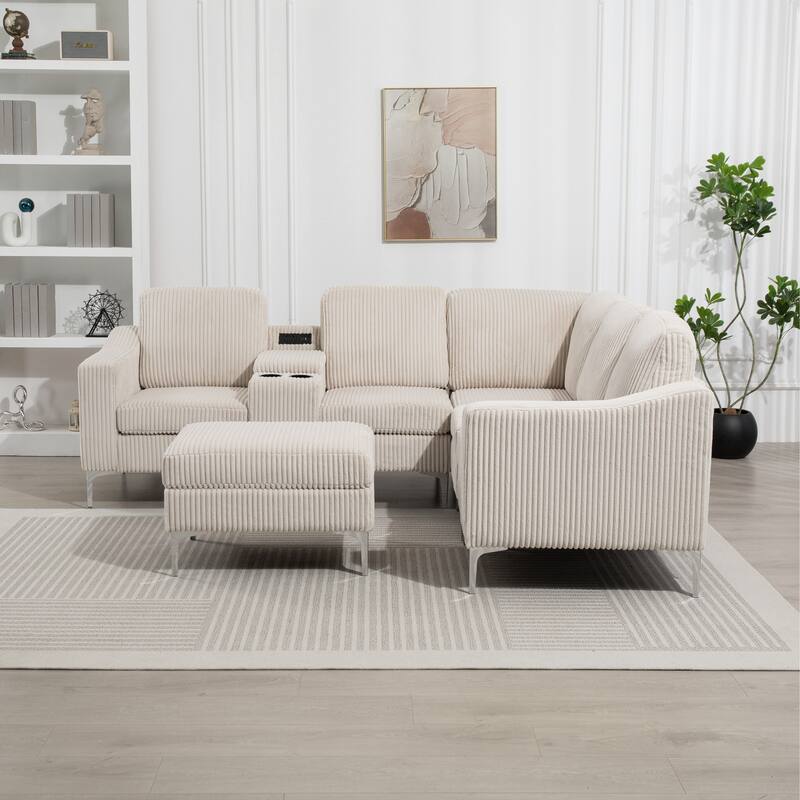 Modular L-Shaped Corduroy Sectional Sofa with USB Ports, Storage Ottoman and Cup Holders for Living Room Apartment