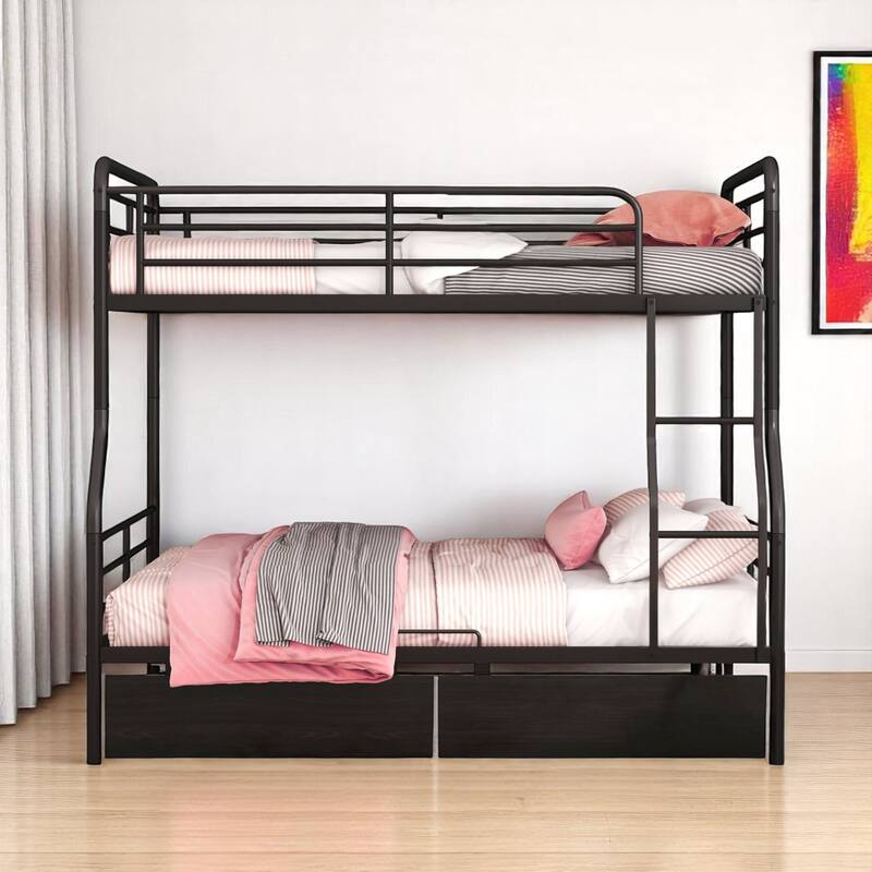 HomeRoots Black Full Over Queen Contemporary Metal Bunk Bed With Drawers - Black - 82.00 in. x 63.00 in.  x 62.00 in.