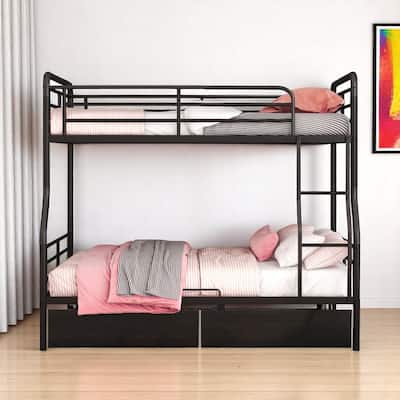 HomeRoots Black Full Over Queen Contemporary Metal Bunk Bed With Drawers