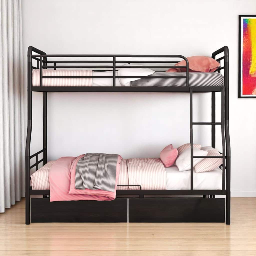 HomeRoots Black Full Over Queen Contemporary Metal Bunk Bed With Drawers