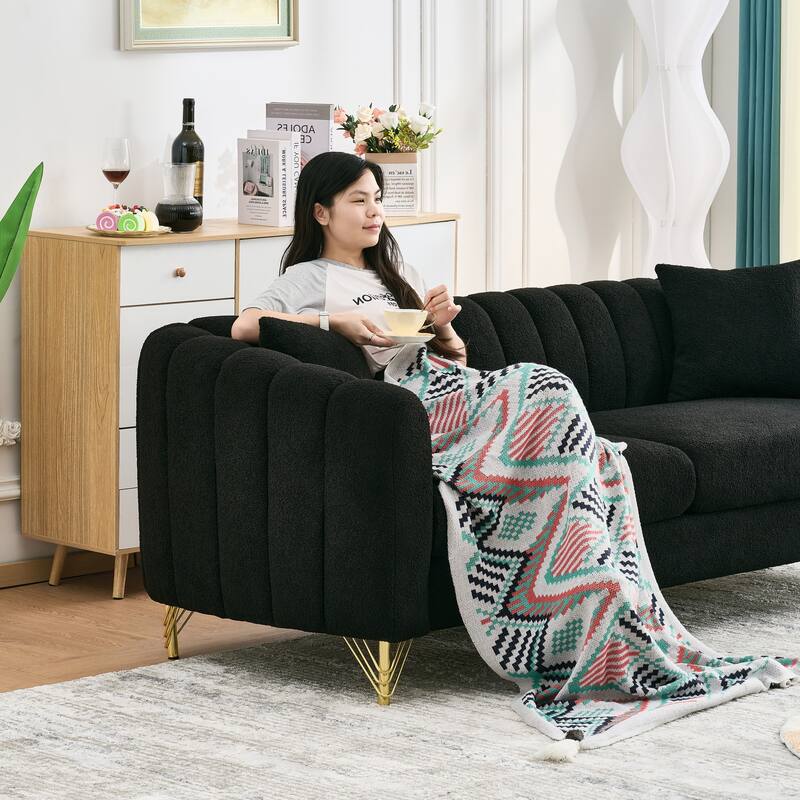 Roomfitters 85" and 63" Modern Teddy Fabric Sofa and Loveseat Set with Gold Legs, Channel Stitched 2-Piece Couch Set