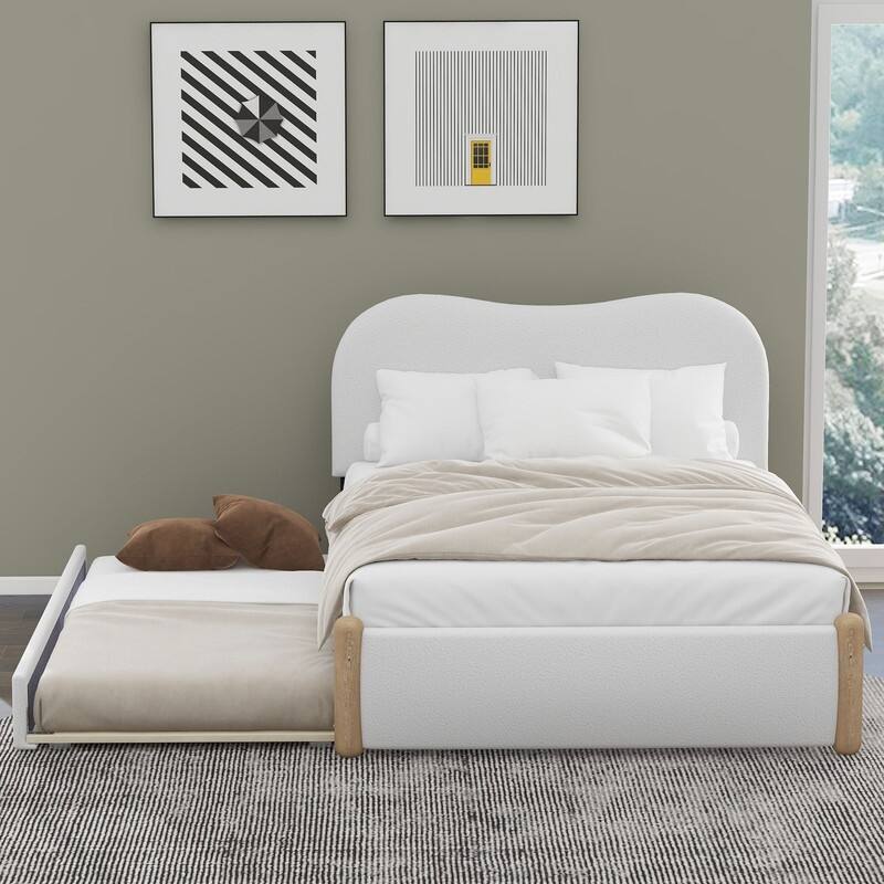 Full Size Upholstered Platform Bed with Wood Supporting Feet and Twin Size Trundle