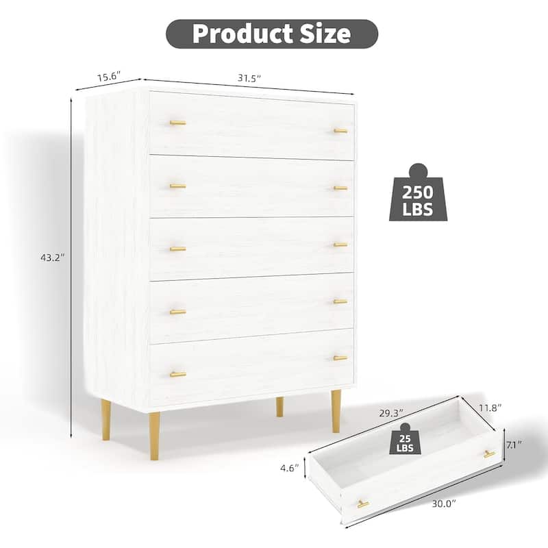 Farmhouse 5 Drawer Dresser, 44" Tall White Wood Chest with Bar Handles and Rustic Texture for Bedroom, Living Room