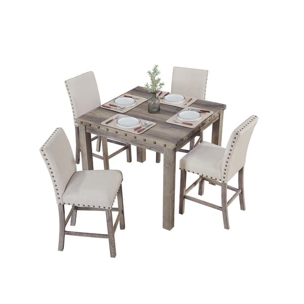 Morden Fort Farmhouse Style 5-piece Square Bar Table Set, 4 Upholstered Counter Stools with Bar Table Dining Set
