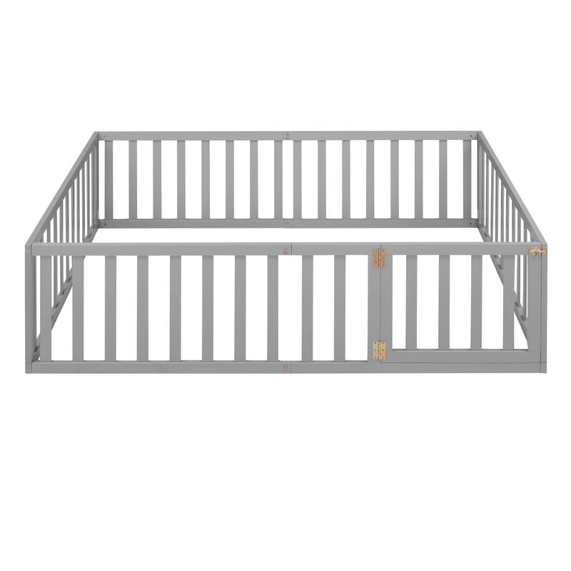 Versatile Wooden Floor Bed Frame without Slats, Solid Pinewood Kids Bed Frame with Fence and Door