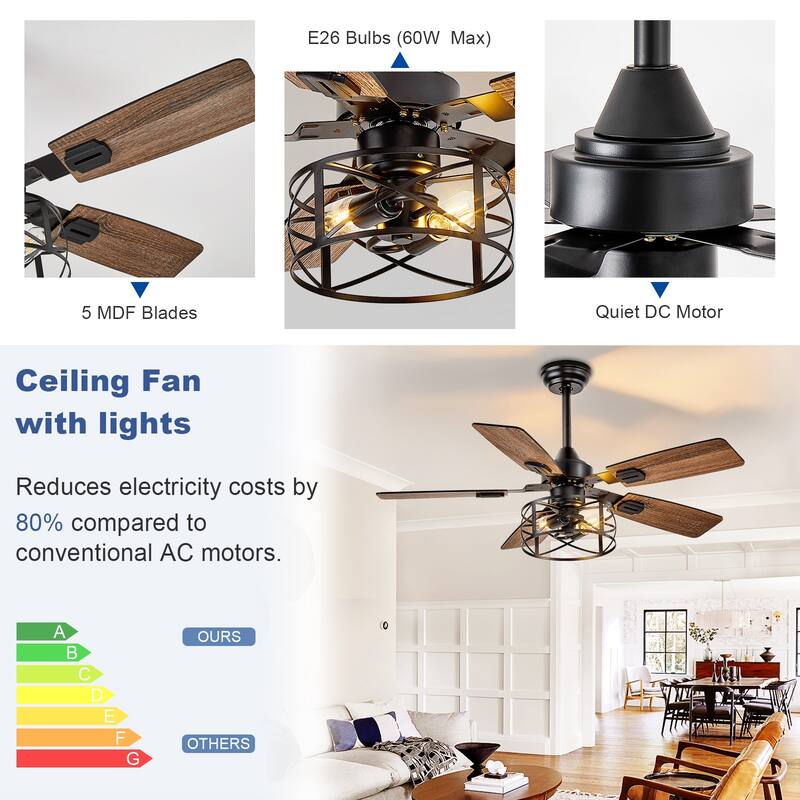42-52Inch Caged Ceiling Fans with Lights: Dual Finish 5 Blades - Rustic with Remote Control (E26 Bulb Included)