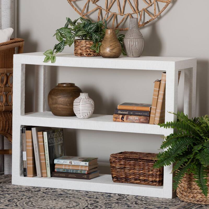 Oaklynn Natural Grasscloth Bookshelf - Two-Tier Display Piece with Open Frame, Modern Coastal Accent Shelving for Living Room