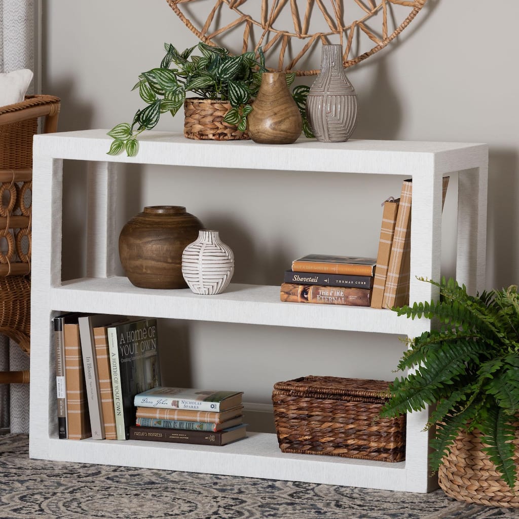 Oaklynn Natural Grasscloth Bookshelf - Two-Tier Display Piece with Open Frame, Modern Coastal Accent Shelving for Living Room