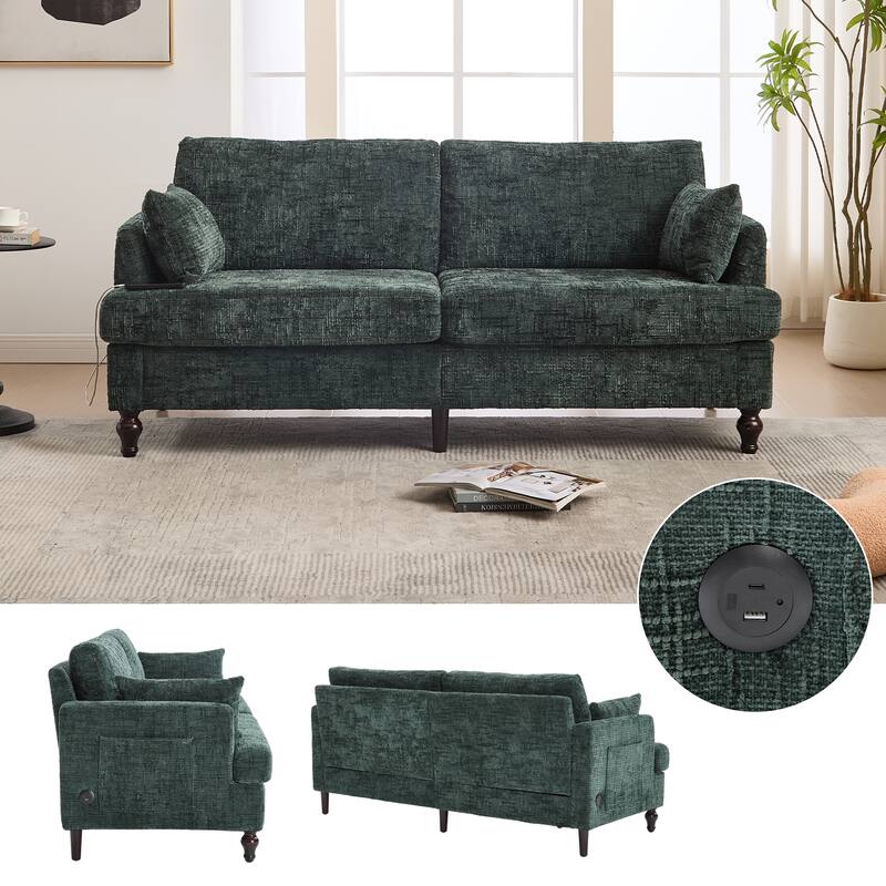 Modern Style Chenille 2-Seater Wood-Legged Sofa With Led Light,USB Charging Port And Storage Bag Living Room Bedroom Study Room - Emerald