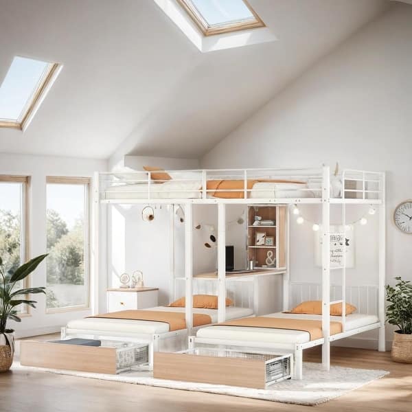 slide 2 of 32, Triple Bunk Bed with Drawers, Desks and Shelves, White