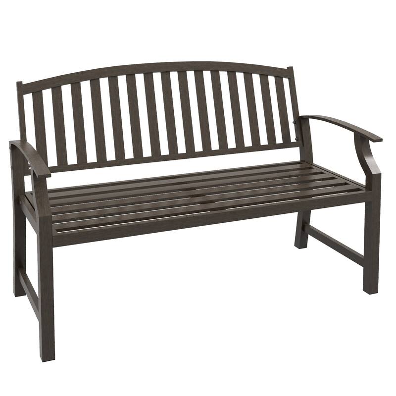46" Outdoor Metal Garden Bench with Armrests, Tilted Backrest,Wood Look Slatted - Brown