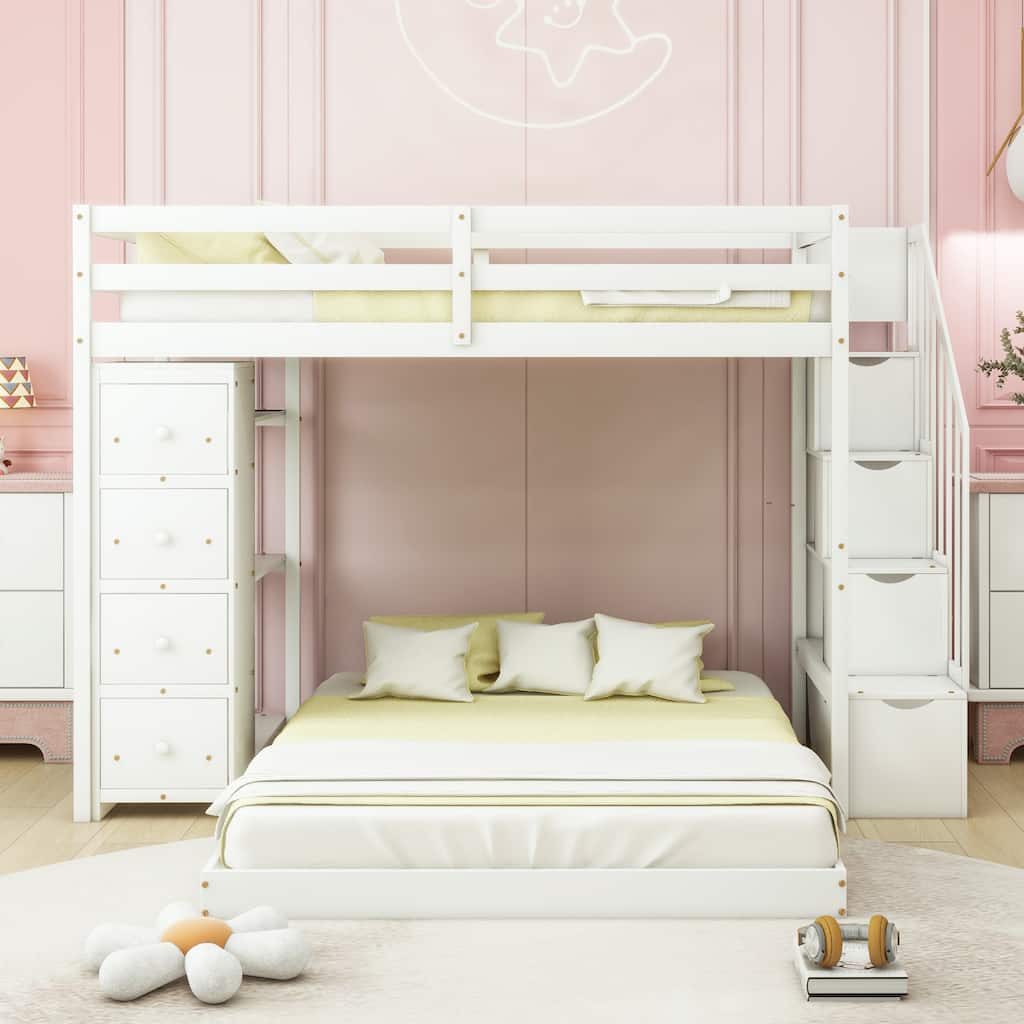 Twin Over Full Bunk Bed Frame with Built-In Shelves, Storage Stairs, Bottom Floor Bed with Pull-out Drawers, Wooden Loft Bed