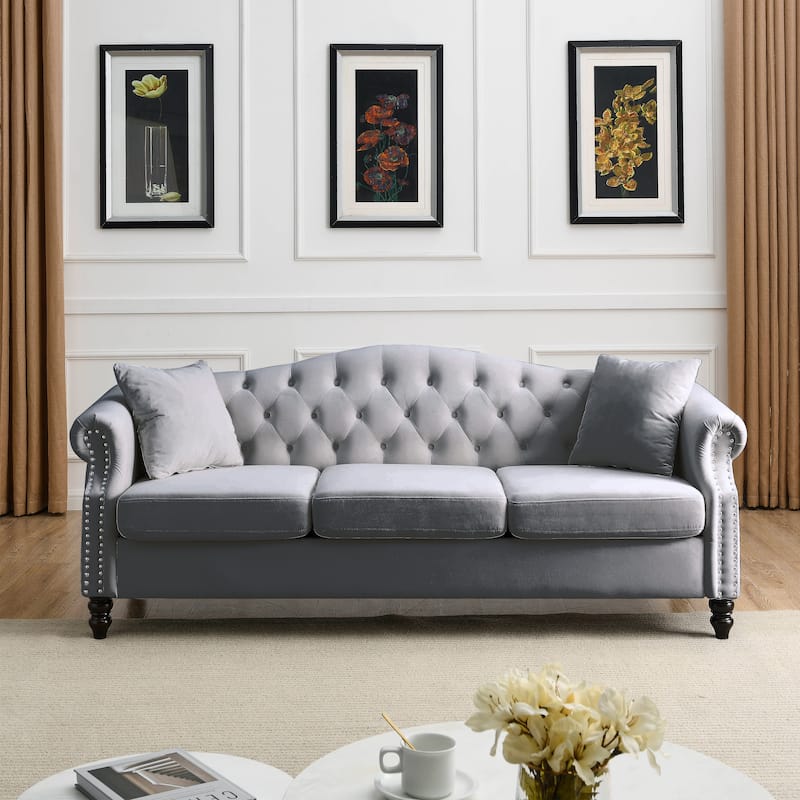 Chesterfield 79" Velvet Tufted Sofa with Pillows