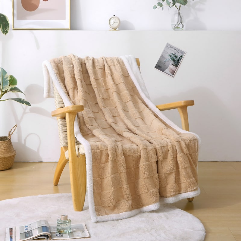 Jacquard Checkered Fluffy Flannel Fleece Blanket - Beige - 71"x79"