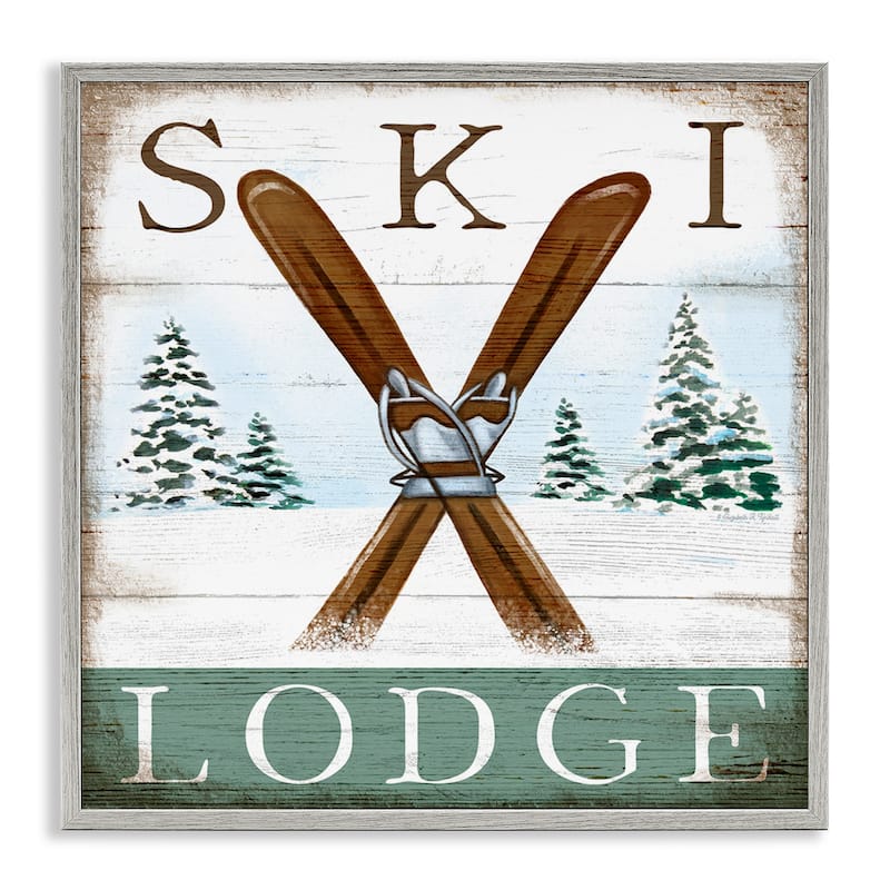 Stupell Ski Lodge Rustic Cabin Sign Snowy Tree Forest Framed Wall Art - 17 x 17 - Grey