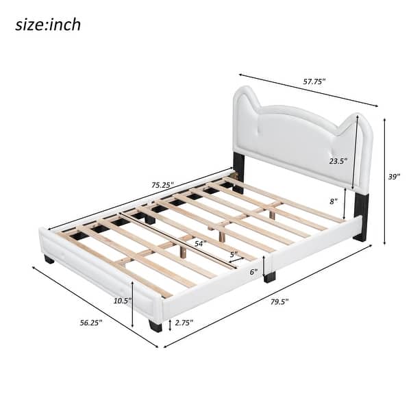 White Cute Pine Wood Upholstered Platform Bed with Cartoon Ears