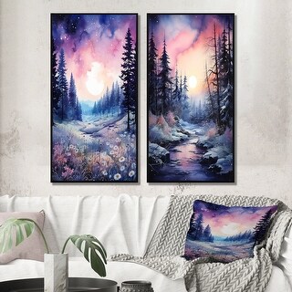 Designart "Pine Tree Winter Twilight" Tree Pine Framed Wall Art Set Of ...