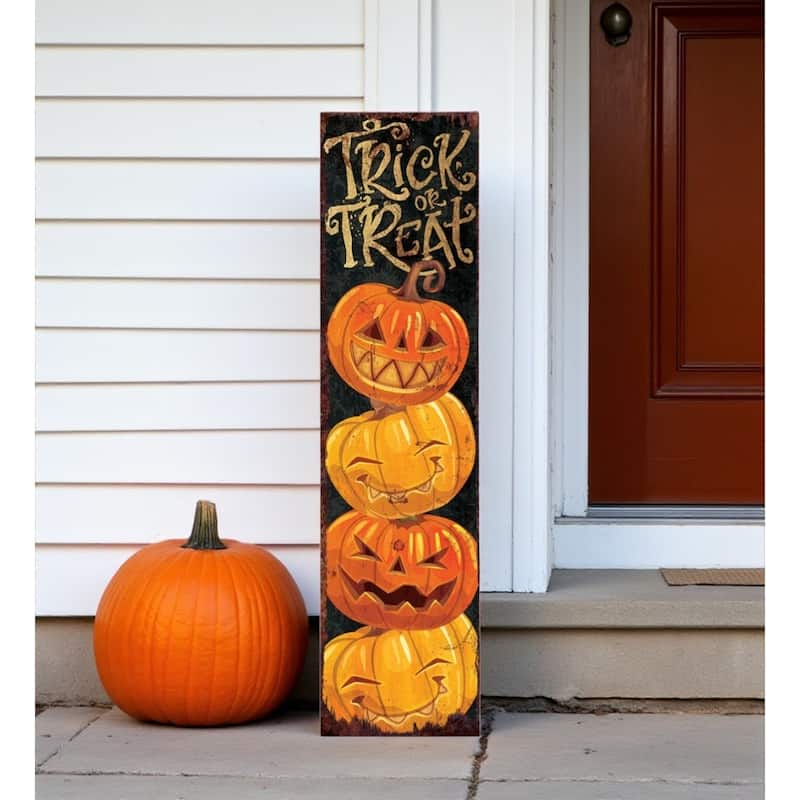 HomeRoots 36" Black And Orange Solid Wood Trick or Treat Halloween Pumpkin Porch Sign - Orange/Gold/Black - Wood