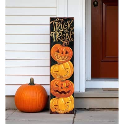 HomeRoots 36" Black And Orange Solid Wood Trick or Treat Halloween Pumpkin Porch Sign
