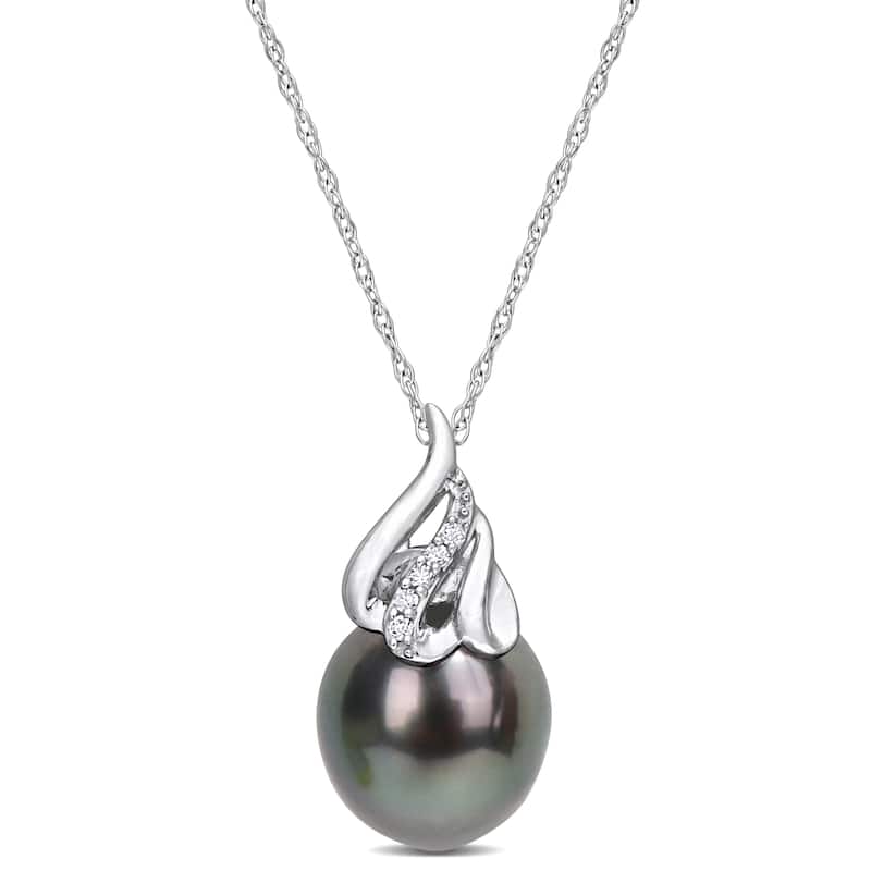 Miadora Black Tahitian Cultured Pearl and Diamond Accent Swirl Pendant in 14k White Gold (9-10mm)
