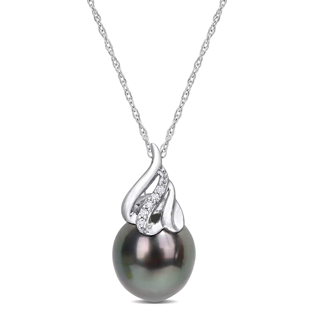 Miadora Black Tahitian Cultured Pearl and Diamond Accent Swirl Pendant in 14k White Gold (9-10mm)