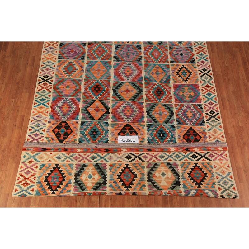 All-Over Geometric Kilim Reversible Area Rug Hand-Woven Wool Carpet - 8'2"x 11'2"