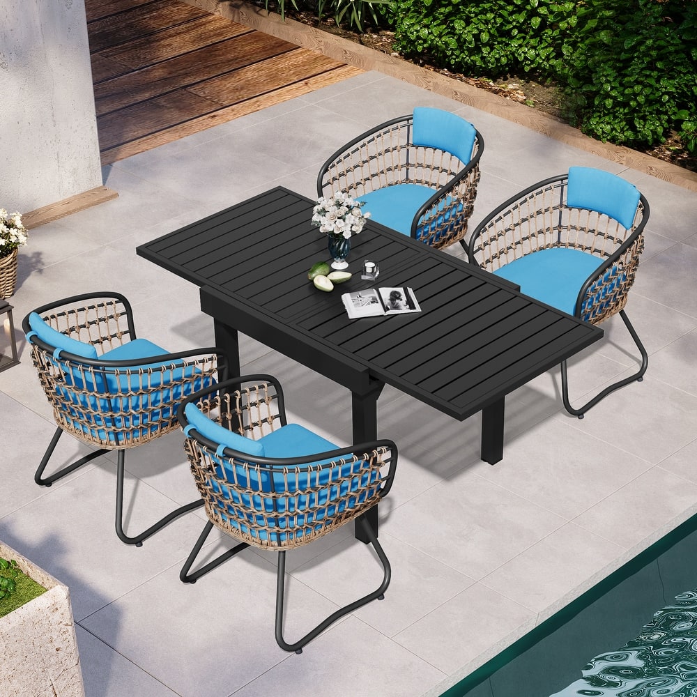 5PC Outdoor Extendable Patio Dining Sets Table with Rattan Chairs