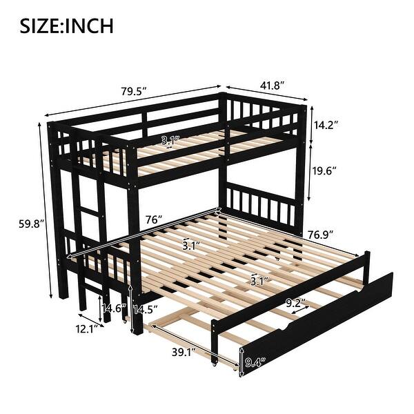 dimension image slide 1 of 2, Twin Over Pull-Out Bunk Kids Bed with Trundle, 4-Beds, Safety Rails, Wheeled Design, Espresso