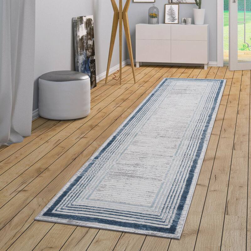 LOOM & LUXE Collection Blue/Ivory/Bordered Non-Shedding Area Rug