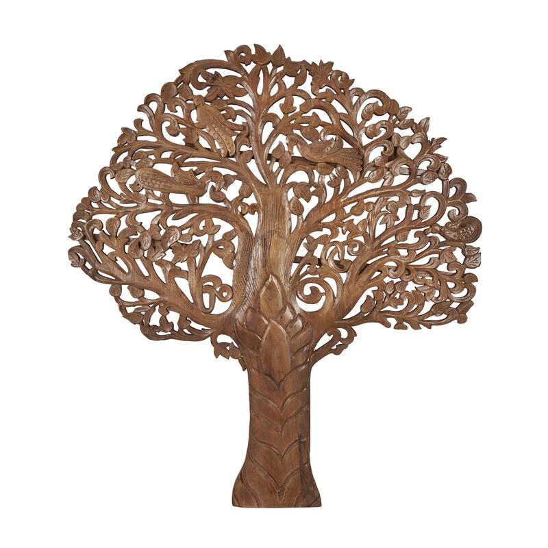 Mango Wood Tree Large Carved Home Wall Decor with Scrollwork - White or Brown - Roche River Decor - Brown