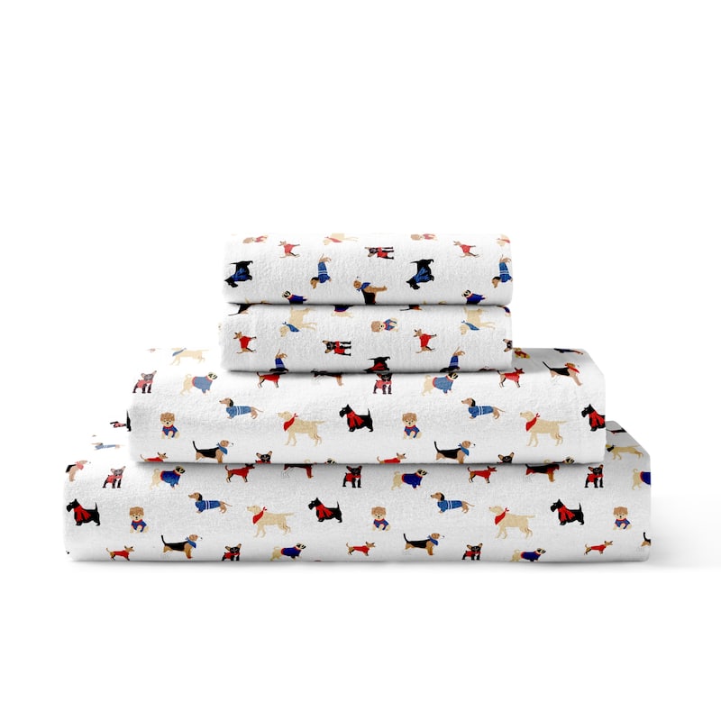Brielle Home Cotton Flannel Bed Sheet Set - Dogs White - Queen