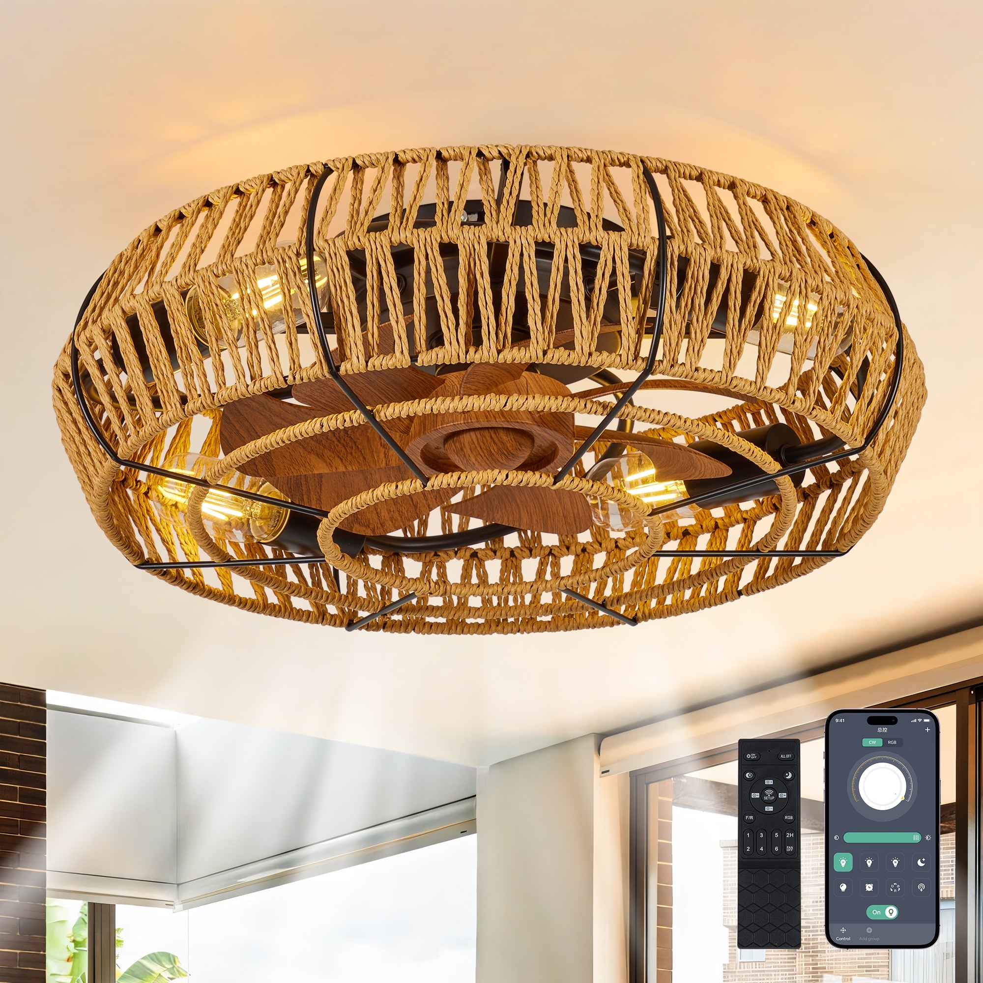 Cusp Barn 19" Boho Flush Mount Caged Ceiling Fans with Lights and Remote, Farmhouse Hemp Rope 6 Speeds Reversible Ceiling Fan