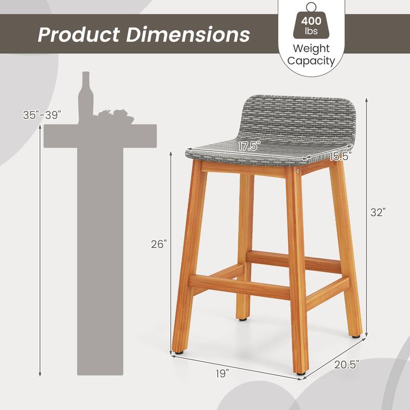 Gymax Solid Acacia Wood Bar Stools Set of 2 Rattan Bar Height Patio