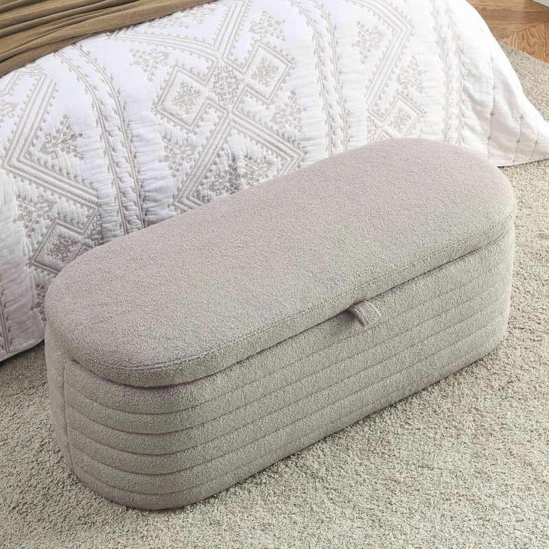 45" White Teddy Storage Ottoman Bench for Living Room Bedroom,Oval Sherpa Storage Bench Ottoman Foot Rest Anti-slip Legs