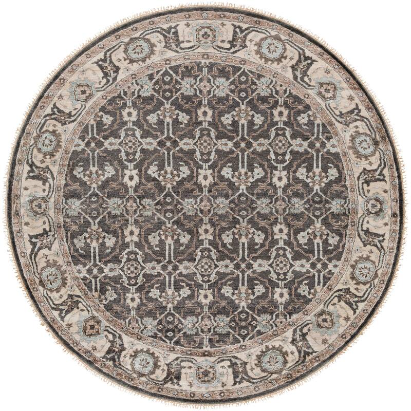 Hand-Knotted Bingham Border Viscose Area Rug - 8' Round - 8' Round - Black