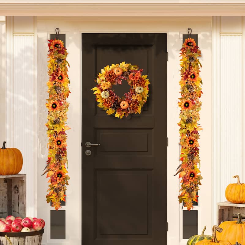 Glitzhome Fall Maple Leaf Sunflower Garland & Dahlia Pumpkin Wreath
