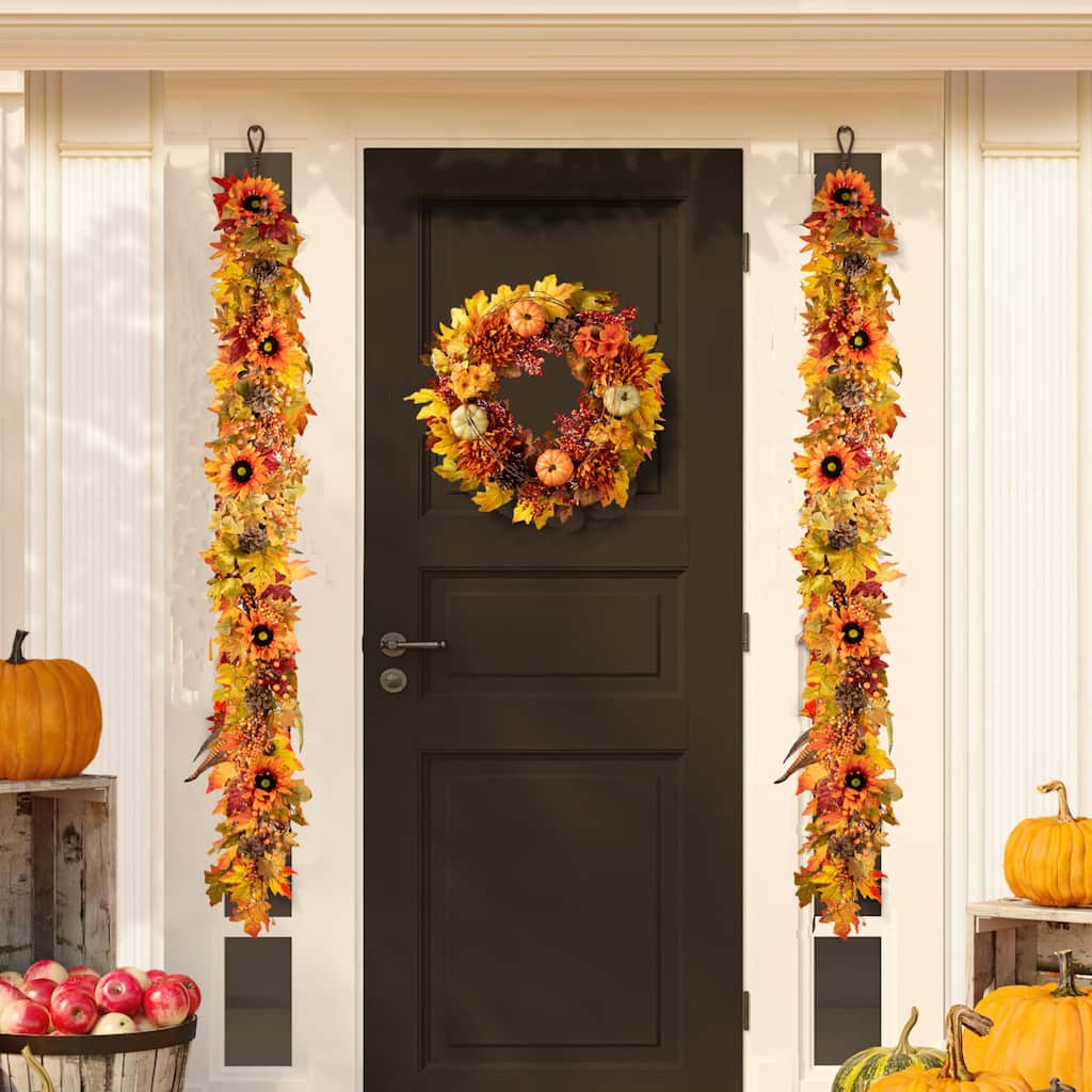 Glitzhome Fall Thanksgiving Maple Leaf Sunflower Garland & Dahlia Pumpkin Wreath Wall Decor