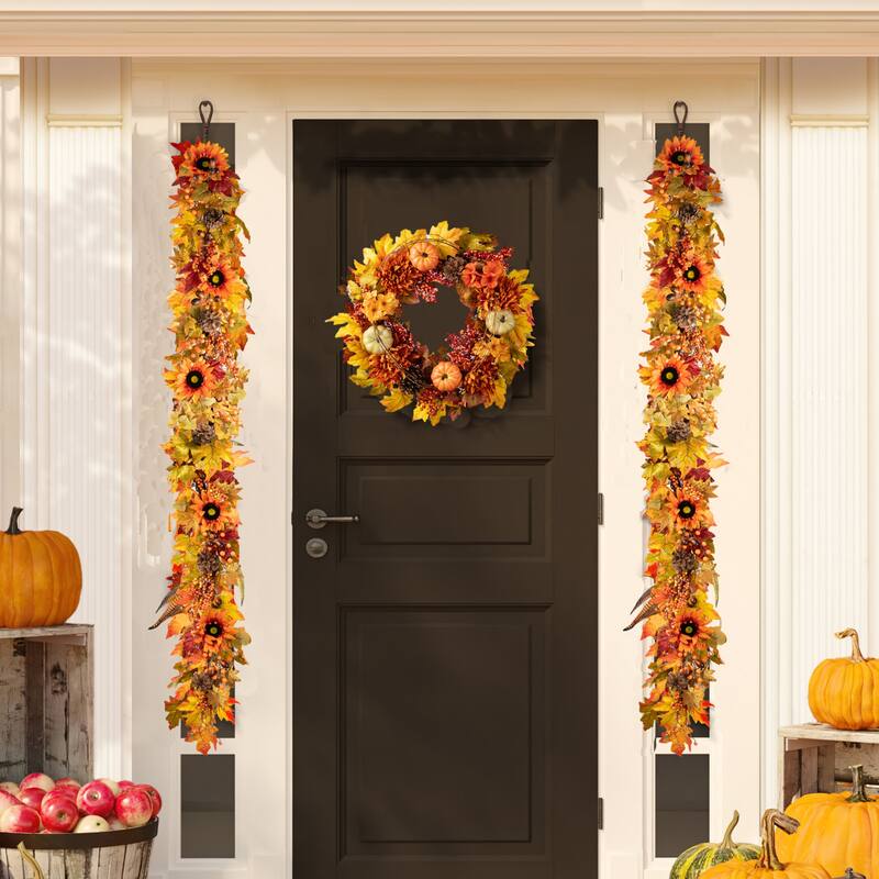 Glitzhome Fall Thanksgiving Maple Leaf Sunflower Garland & Dahlia Pumpkin Wreath Wall Decor