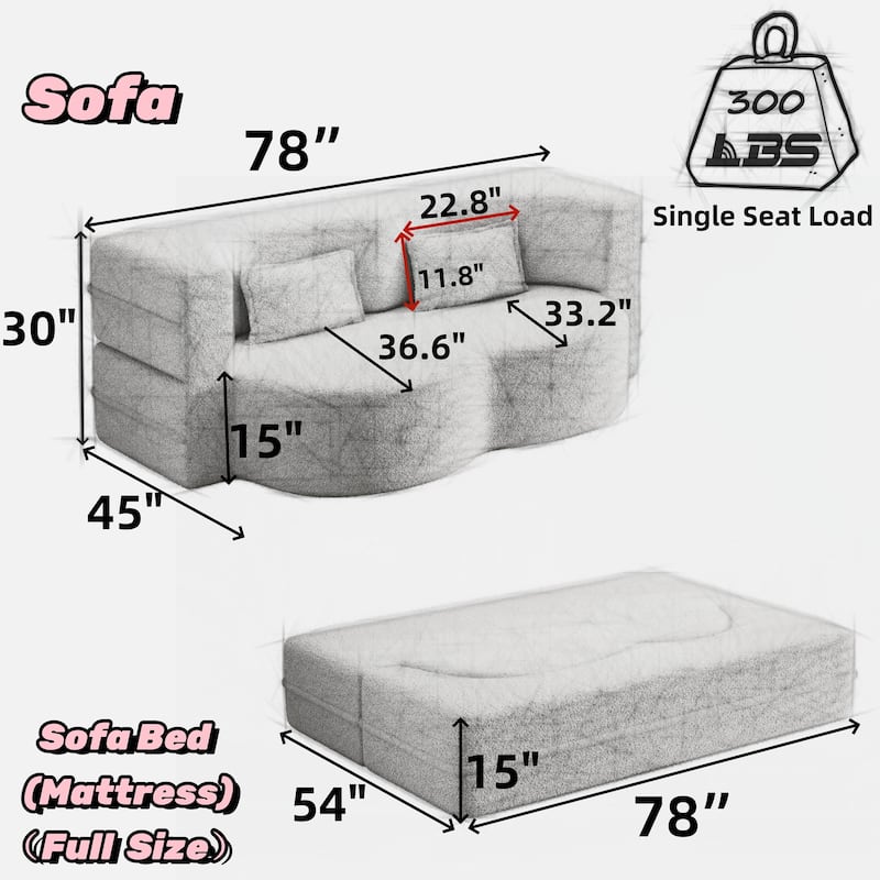 Floor Sofa with 2 Pillows,15" Full Size Folding Mattress,Green