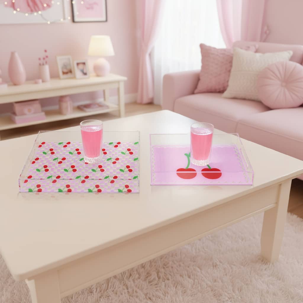 American Art Décor 2-pc Acrylic Cherry & Pink Serving Trays with Handles - Decorative Set - 10" x 14"