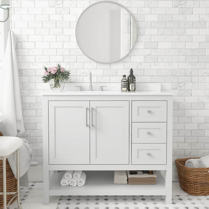 Modern Freestanding Bath Vanity with Sink, Open Storage, and Drawers - 42 Inch - White