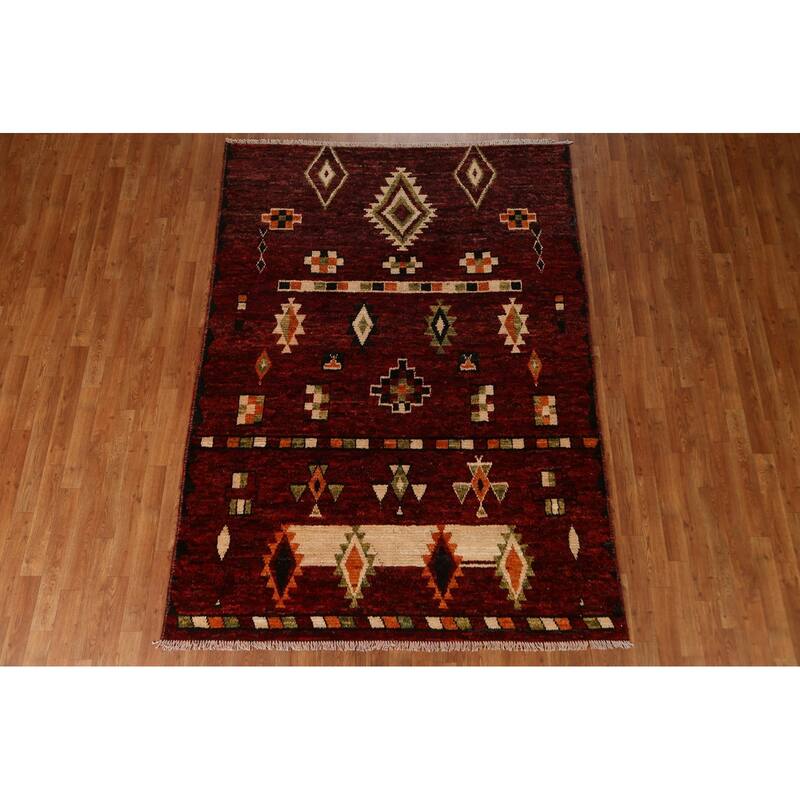 Hand Knotted Oriental 100% Wool Carpet Modern Tribal Red Moroccan Area Rug - 7' 9'' X 5' 8''