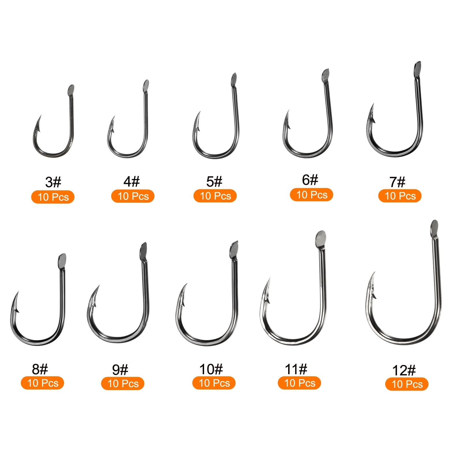 100Pcs 10 Sizes High Carbon Steel Fishing Hook Catfish Hook with Barbs