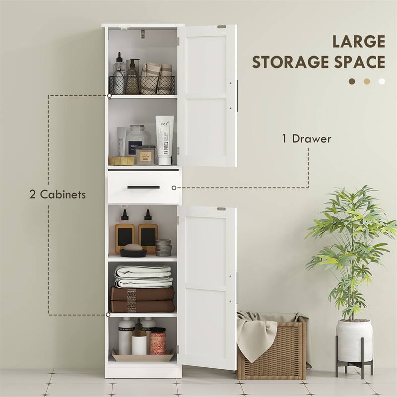 White MDF Tall Bathroom Cabinet with Barn Doors, Drawer and Adjustable Shelves - 15.7" L x 11.8" W x 66.9" H