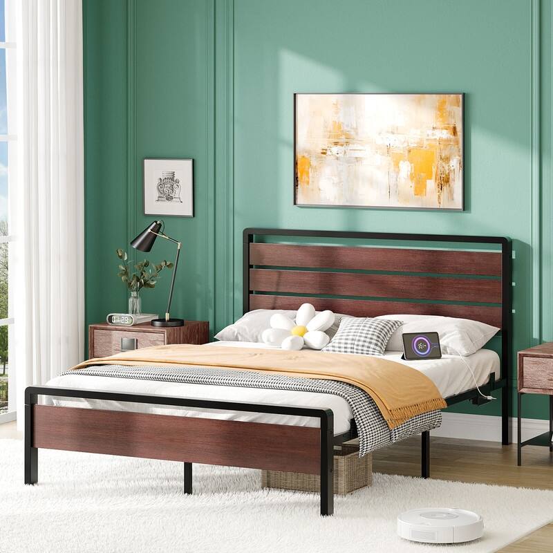 Bed Frame with LED Light and Charging Station, Metal Platform Bed with Wood Headboard - Walnut Brown - Full