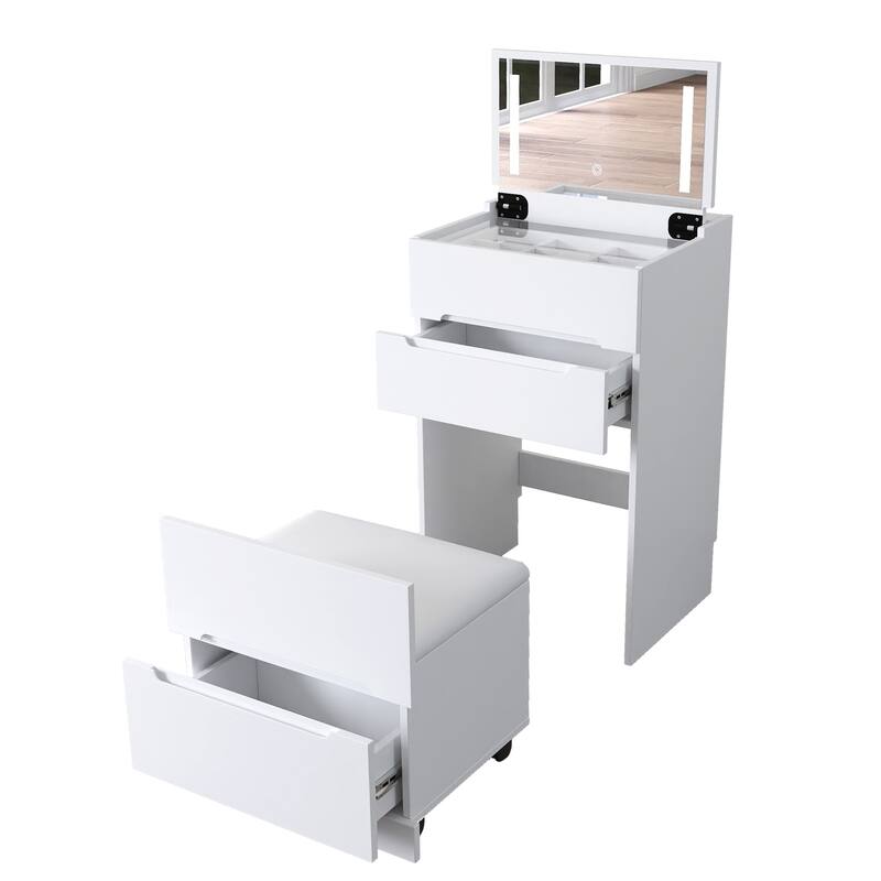 Roomfitters 3-in-1 Vanity Desk with Flip Top Mirror and Glass Desktop, Makeup Vanity Table with 3 Drawers and Stool, White