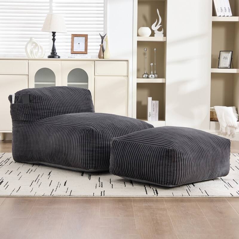Corduroy Upholstered Lounger Large Ergonomic Support Compressed Bean Bag Sofa with Ottoman