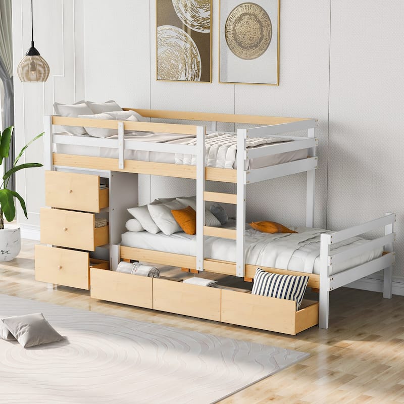 Twin over Twin Loft Bunk Bed with Drawers and Ladder, Natural