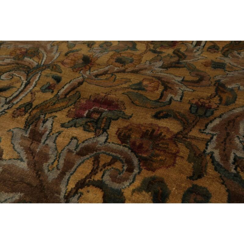 Agra Traditional Botanical Plush Pile Gold Wash Silky Sheen 5'11''x9 Hand Knotted New Zealand Wool Gold Rug - 5' 11'' x 9'