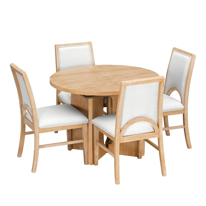 Round Dining Table Set for 4 with Extendable Top and Comfortable Upholstered Chairs for Family Meals